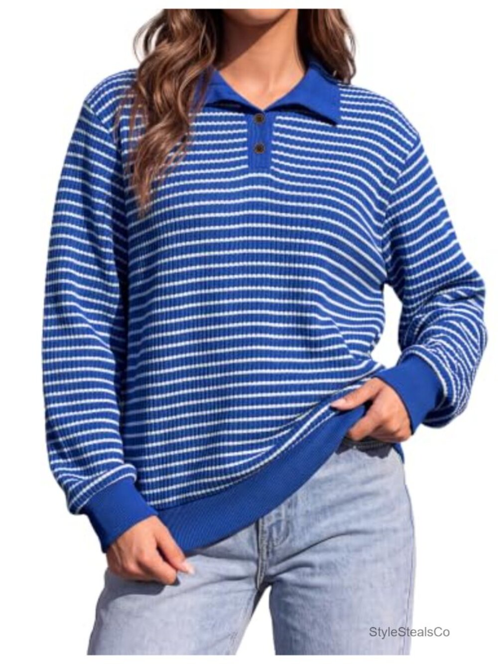 Waffle Knit Button Down Collared Long Sleeve Sweatshirt Pullover